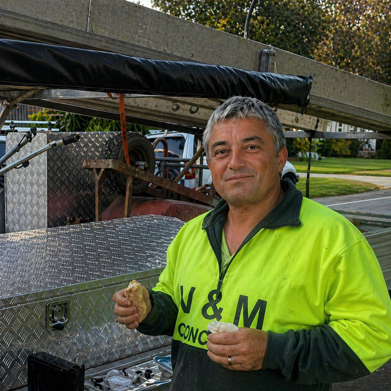A Perth concreters hand troweling fresh concrete in the afternoon sun